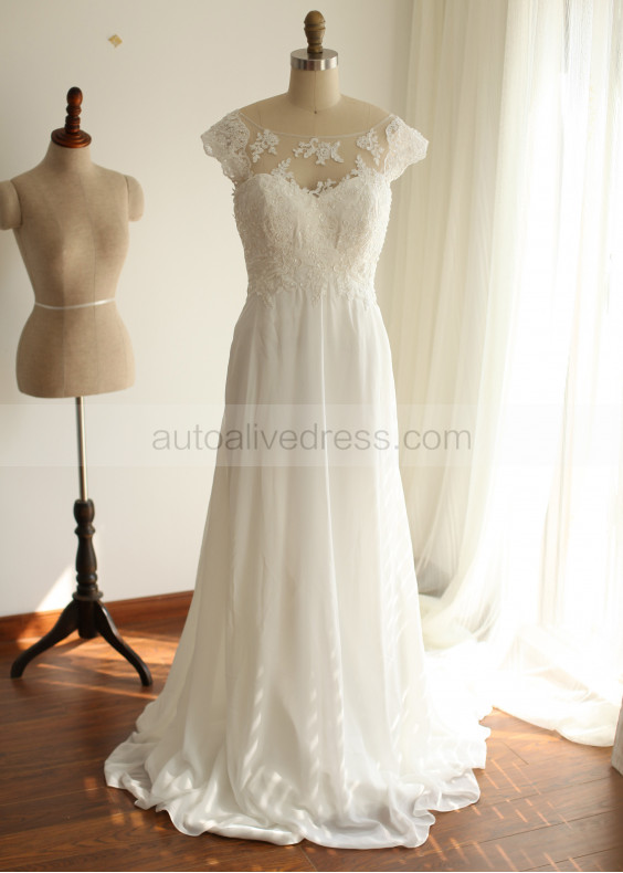 Cap Sleeves Lace Chiffon Full Length Wedding Dress